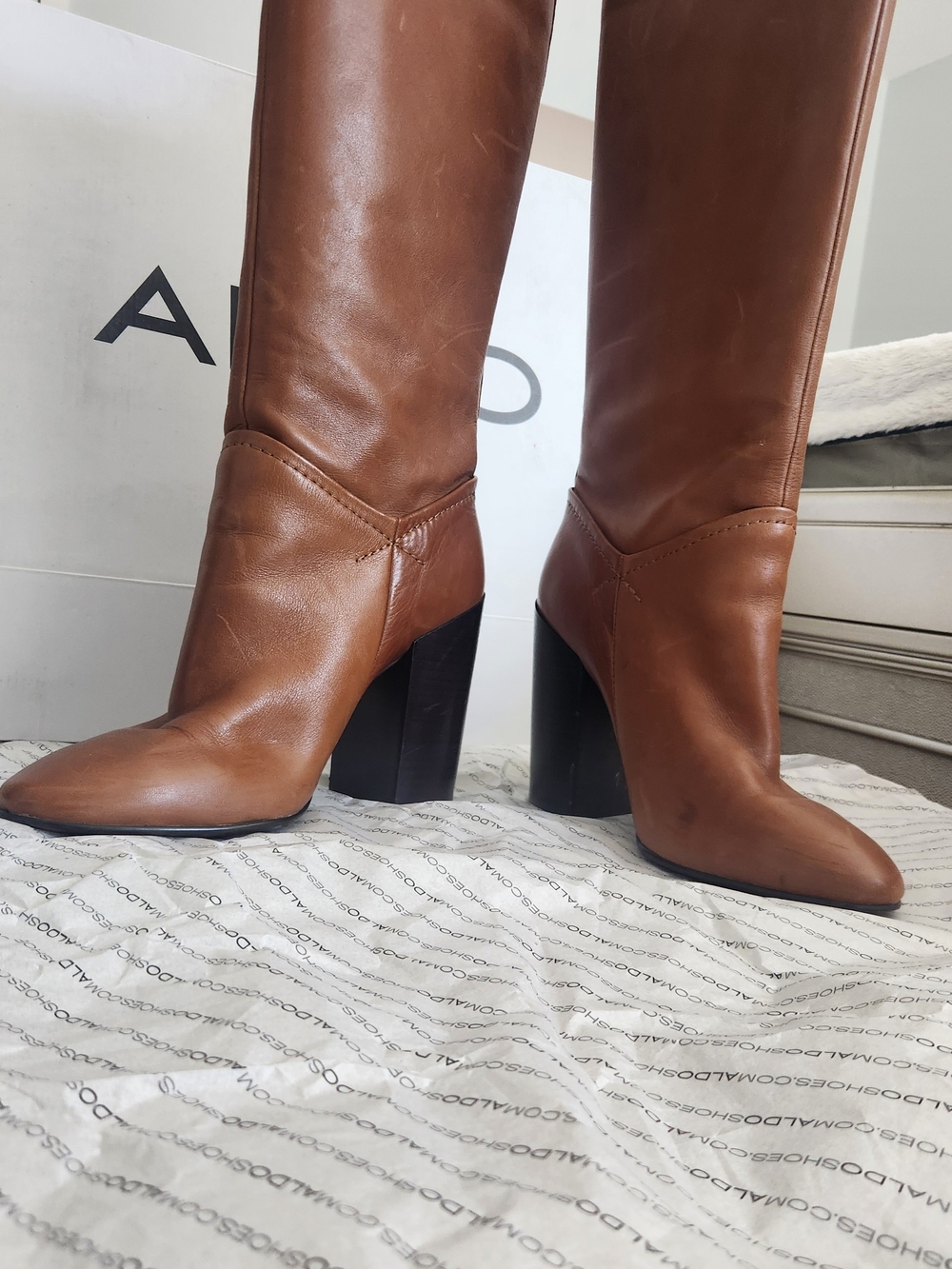 Aldo Cognac Leather Knee-High Block Heel Boots